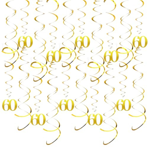 20 Stück Geburtstag Deko,Zahl 60 Geburtstagsdeko Spiralen Luftschlangen Gold,Deckenhänger DoppelSpiral Girlande für Partydeko,Jubiläum,60. Geburtstag Dekoration,Funkelnd Hängende Swirls Streams (60)