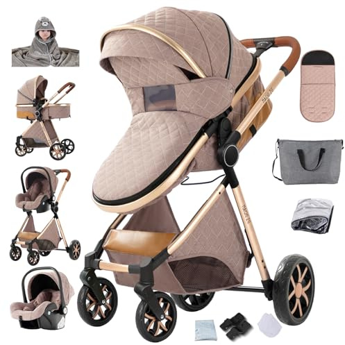 Aveainelle 3 in 1 Kinderwagen, Liege- und Wendbarer Reisesysteme Buggy, 3-teiliger One-Click-Klappkinderwagen, Babywagen mit Komplettem Zubehör und Doppelbremsen (225 Khaki+Badetuch)