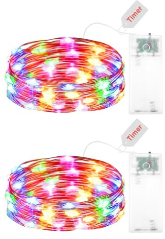 Kaleora 2 Stück Lichterkette Batterie mit Timer, 2M 20 LED Mini Draht Lichterketten, Micro LED Lichterkette Draht für Weihnachten Halloween Herbst Kinderzimmer Hochzeit Party Deko, Bunt