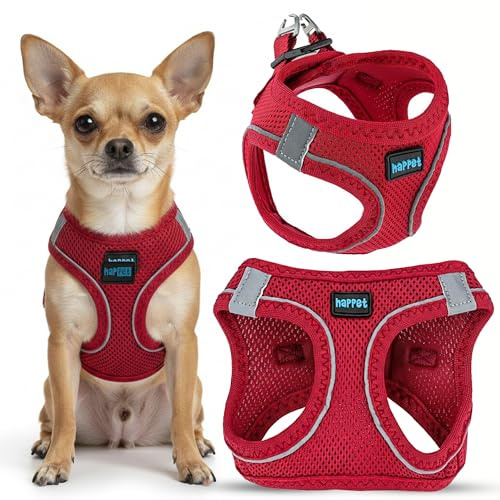 Happet Hundegeschirr XXXS für kleine Hunde & Katzen – atmungsaktives Air-Mesh Brustgeschirr, weich gepolstert, leicht & verstellbar, reflektierend, komfortabel & sicher, Softgeschirr für Hunde, Rot