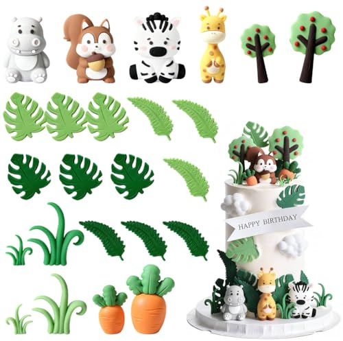 24 PCS Safari Animal Cake Topper, Realistic Jungle Animals Cakes Topper with Leaves Balls, Reusable Animal Cakes Decorations for Animals Themed Birthday Party Decoration