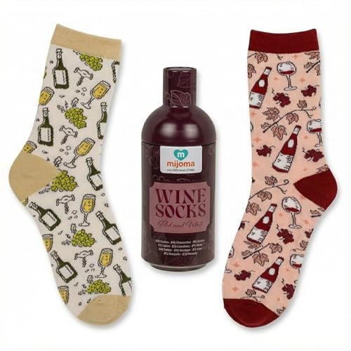MIJOMA Coffret cadeau de chaussettes à vin - 2 paires de chaussettes avec motif vin rouge et blanc dans un emballage en bouteille - Taille unique - Idée cadeau originale pour les amateurs de vin