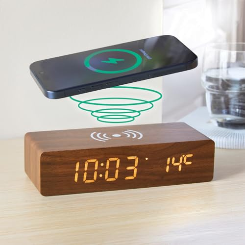 3 Pagen® digitaler Holz-Wecker mit induktiver Ladefunktion – Wireless Charger – dimmbares Display – inkl. Temperaturanzeige – 3 einstellbare Weckzeiten – schöne Holzoptik und flaches Design