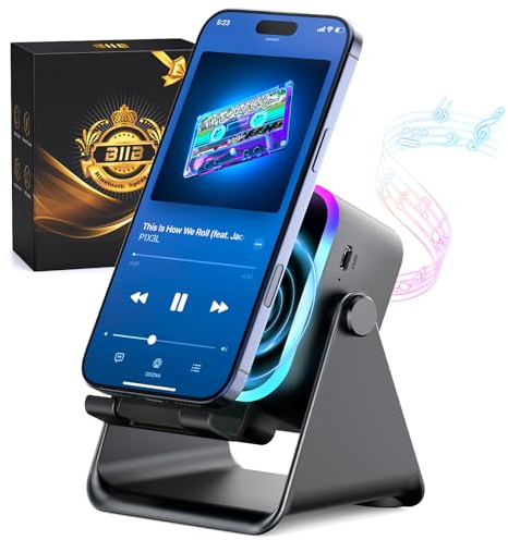 BIIB Gifts for Men, Induction Bluetooth Speaker for Mobile Phone Stand | 6-in-1 Hands-Free Portable Speaker for Home Office, RGB Lights, Powerbank Function, Anti-Slip Base, Dad Birthday Tech Gadgets