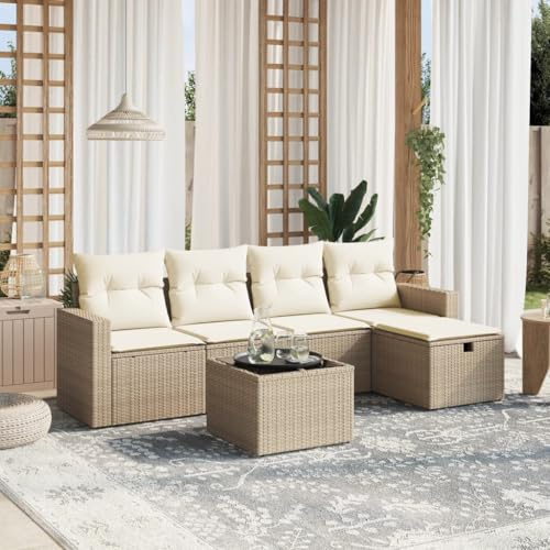 Hoopleep 6-TLG. Garten-Sofagarnitur mit Kissen, Beige Poly Rattan Lounge Set für Outdoor Terrasse, Balkon, Modulare Gartenmöbel mit Glastisch