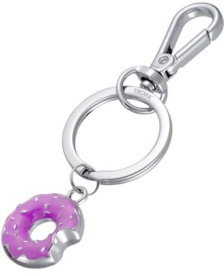 TROIKA Schlüsselanhänger Donut kleiner TINY DOUGHNUT Taschenanhänger mit Karabiner und kleinem Donut aus Emaille, Metallguss, verchromt und lila, silberfarben als Geschenk für Donutliebhaber