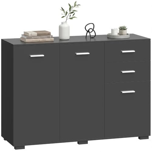 HOMCOM Sideboard Modern Storage Cabinet 3 Doors Black | 2 Drawers, Adjustable Shelf, Kitchen Cabinet, Living Room, Dining Room