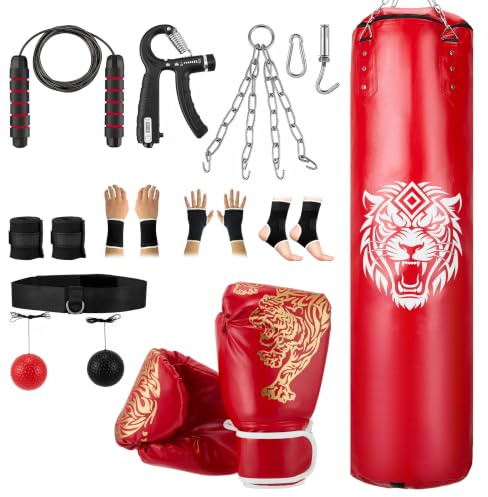 VeftBltrem 120 cm Boxsack Set für Erwachsene–Schwerer Boxsack mit 12 oz Handschuhen & 5m Handverpackungen –Stabiler Sandsack für Kickboxen,MMA, Grappling,Muay Thai,Fitness– Ungefüllt