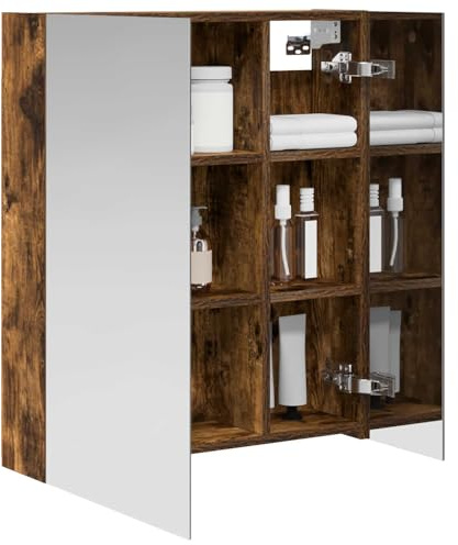 vidaXL Badezimmerspiegelschrank Geräucherte Eiche 60 x 14,5 x 70 cm, Badezimmermöbel, moderner, rechteckiger Aufbewahrungsschrank, Wandspiegel, verstellbare Regale, praktisch