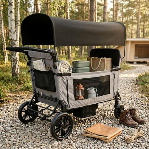 SACOOL Großer Bollerwagen,4 Sitze,faltbar,Hellgrau,Sitz zu Großliege umwandelbar,8-Fach Griffverstellung,Sonnendach,Tablett,geländegängigen PU-Rädern,Seitentasche,Getränkehalter,Schwarz+Grau