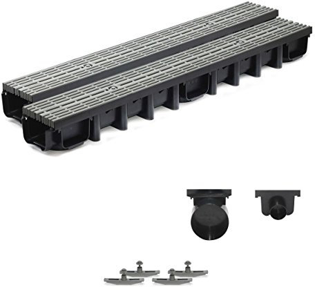 2m Entwässerungsrinne für modulares System A15 98mm, komplett Stegrost Kunststoff, Grau Line