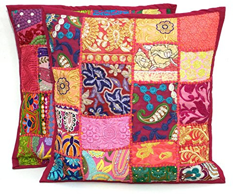 2 klassische Patchwork-Kissenbezüge von Handicraftsuk, in Indien handgefertigt, mit Pailletten, dekorativ bestickt, 40 x 40 cm, ein exklusives Deko-Kissenbezug hot pink