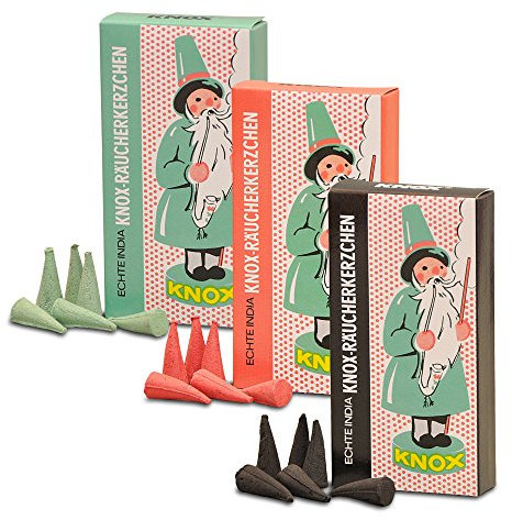 OLShop AG 3er Pack Knox Räucherkerzen Ostalgie Design Tanne, Weihrauch-Myrrhe, Weihrauch-Sandel, 3 x 24 Stück, Weihnachtskerze, Räucherkegel, Räucherpyramide