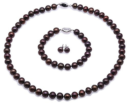 JYX Perle Set Süsswasser Perlenkette Set - 9-10mm AA Flache Runde Süßwasserperlen Halskette, Armband und Ohrstecker Set - (Dunkel-Kaffee)