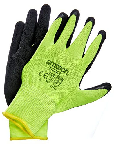 Amtech N2382 Hi Vis Gloves Medium (Size 8), Certified Quality Latex Coated Hi Vis Work Gloves, Black/Yellow
