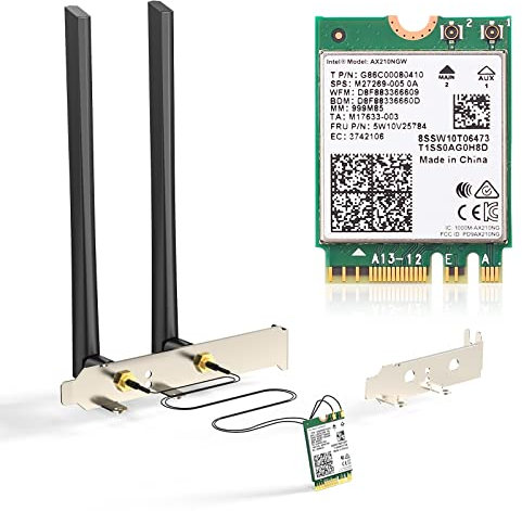 AX210 WiFi 6E Desktop-Kit, erweiterbar auf Tri-Band 6 GHz/5 GHz/2,4 GHz M.2 NGFF Wireless Bluetooth 5.2 Karte, unterstützt Windows 10 11, 64 Bit Desktop-PC, inklusive Ipex-Kabel, 5dBi-Antennen und