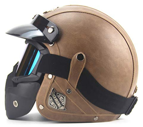 Leder Open Face Motorradhelm Jethelm Brille Open Face Helm Motorrad mit Visier Motorradhelm Herren Retro