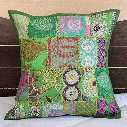 Orientalisches Patchwork Kissen MAR GRÜN 40x40 cm mit Füllung Stickerei & Pailletten Boho Chic Deko-Kissen Couchkissen Sofa-Kissen & Geschenk-Idee Muttertag Ostern MA8403