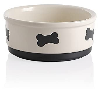 Sweejar Ceramic Dog Bowls with Bone Pattern, Dog Food Dish for Medium Dogs, Porcelain Pet Bowl for Water 35 Fl Oz (Beige)