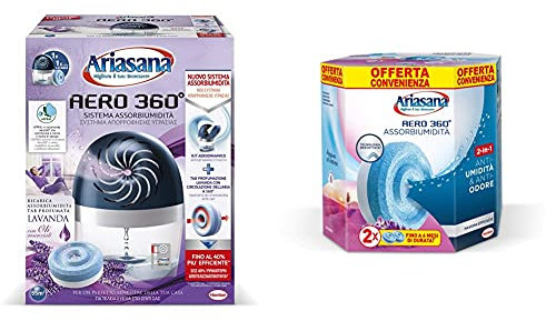Ariasana Aero 360° Kit Assorbiumidità, Deumidificatore Ricaricabile Non Elettrico & Aero 360° Ricarica Tab Lavanda Per Dispositivo Aero 360° Kit, Assorbi Umidità In Tab Profumata Rilassante