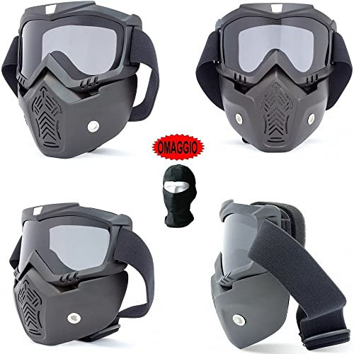 COMPATIBILE CON Mds MASCHERA VISIERA CASCO PER MOTO, SCOOTER, MOTOCROSS, SCI, PAINTBALL CON OCCHIALI FUMÈ SEPARABILE PER CASCHI JET, INTEGRALE, MODULARE, CROSS MASCHERINA RIMOVIBILE NERA