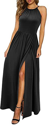 KILIG Sommerkleid Damen Lang Maxikleid Sommer Neckholder Elegant Kleid Hochzeitsgast Partykleid Schlitz Freizeitkleid (Schwarz,M)