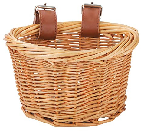 Moageme Fahrradkorb Für Kinder, Rattan Kinderfahrrad Lenkerkorb Mit Ledergürtel, Retro Handgefertigten Kinder Fahrradkorb, Kinder Fahrrad Vorne Korb Für Jungen Und Mädchen Fahrräder 19X12X12cm