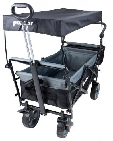 PONTTOR Faltbarer Bollerwagen mit Dach Handwagen Strandwagen Transportkarre Gartenwagen mit Teleskop Griff und extra Breiten dicken Räder 360° drehbar Farbe schwarz grau