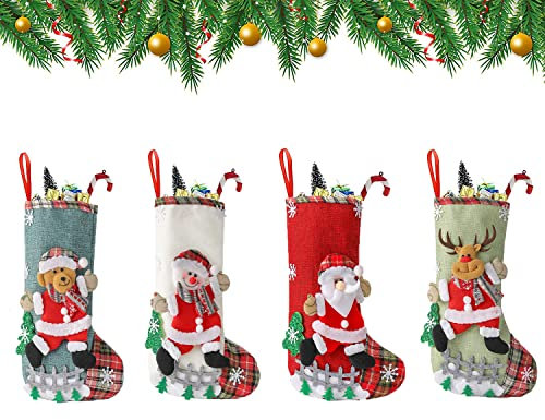 Youery 4 Piezas Medias de Navidad, Calcetines de Navidad para el árbol de Navidad Chimenea Decoración, Adorno de Navidad Bolsa de Dulces, Calcetín de Decoración Navideña para Llenar y Colgar