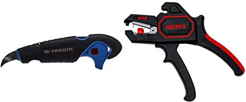 FACOM - Outil à Dégainer Multifonction à G?chette de 4 à 28mm - Avec 5 Lames Auto-Pivotantes et 1 Lame de Couteau de Rechange & KNIPEX Pince à dénuder automatique (180 mm) 12 62 180