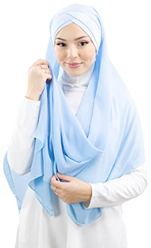 Hijab zum Überziehen mit integrierter Mütze aus Chiffon, für muslimische Frauen, verhüllt, islamischer Schal, Schleier, Slip-on HE100, himmelblau, One size