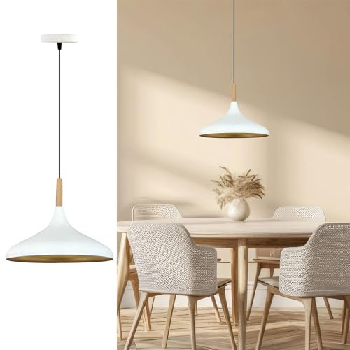 bamyum Champion Hängelampe Esstisch Skandinavisch aus Holz und Metall 35 cm, Pendelleuchte Esstisch, Hängelampe Wohnzimmer, Küchenlampe Hängend E27, Pendelleuchte Weiss für Schlafzimmer, Wohnzimmer