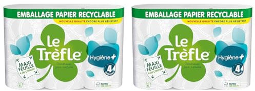 Le Trèfle Hygiène Plus - Papier toilette, 12 Rouleaux, 4 épaisseurs, Confort Ultime, Douceur remarquable, Maxi Feuilles, Blanc