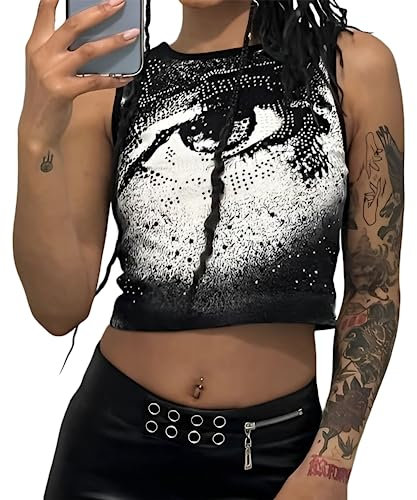 Skateboard Frog y2k Tank Top Damen Sexy Bauchfrei Augen-Grafik Goth Crop Tops Aesthetic Clothes (Black,M)