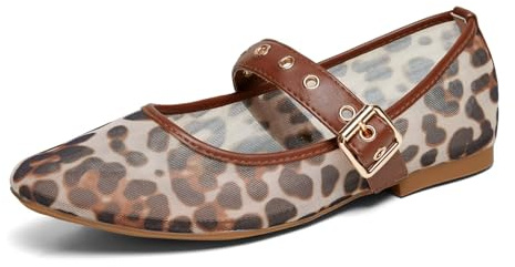 hingswink Mary Jane Shoes Women Square Toe Ballet Flats,MeshLeopard8.5
