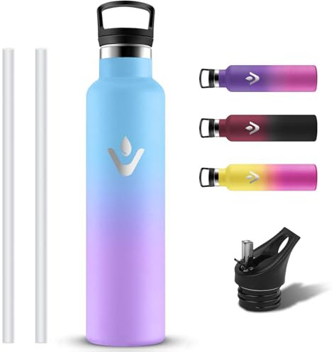 Grsta Botella Agua Acero Inoxidable 1 litro, Reutilizable Cantimplora Aislada con Pajita y Filtro, Prueba de Fugas Termo con 2 Tapones, Botella Termica sin BPA para Escuela, Senderismo, Adultos