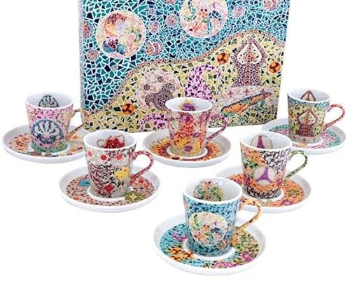 DRW Set 6 Tazas con Plato Porcelana Elementos Gaudi Taza: 8x6x7 cm