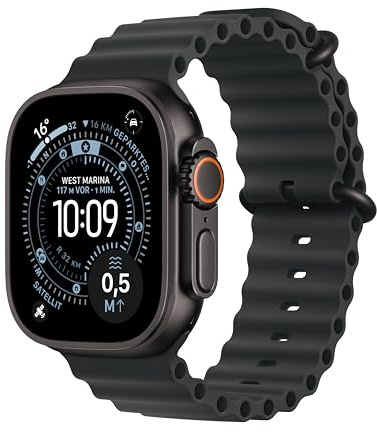 Apple Watch Ultra 3 [GPS + Cellular 49 mm] Montre connectée Course à Pied et Multisport avec boîtier Titane Noir et Bracelet Ocean Noir. Communications Satellite, Suivi santé et activité