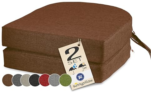 sunnypillow 2er Set Stuhlkissen Outdoor, wasserdicht UV-lichtecht 40 x 40 x 7cm dick - Polsterauflage mit Bändern - Auflage für Stühle,Bänke - Sitzkissen Stuhlauflage für Haus und Garten - Braun