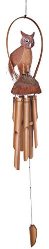 Premium 100cm Windspiel Holz Feng Shui Klangspiel Geschnitzt Kokosnuss Eule Bambusrohr
