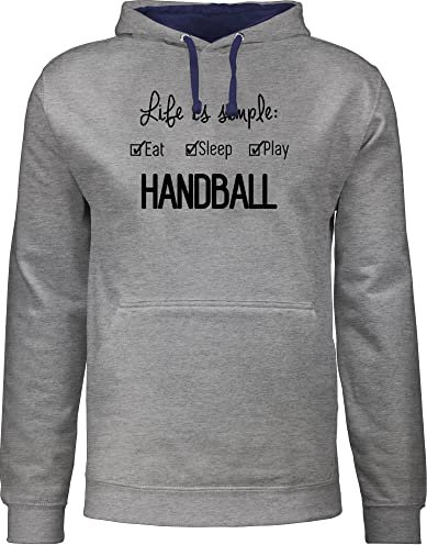 Pullover Herren Frauen Hoodie Kontrast zweifarbig - EM 2026 Trikot Ersatz - Life is simple Handball - 4XL - Grau meliert/Navy Blau - geschenk für handballer hanball hoddis klamotten halbball pulli