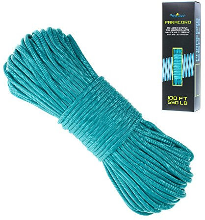 Paracord 550 Parachute Cord – 7 Stränge Typ III 100% Nylon Seil – mehrere Farben in 30 m, türkis, 100'