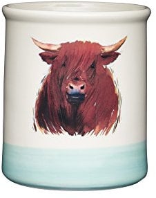 KitchenCraft Apple Farm Hand-Finished 'Hamish Highland Cow' Ceramic Utensil Holder, 12.5 x 12.5 x 14.5 cm (5 x 5 x 5.5) - Cream / Sage Green