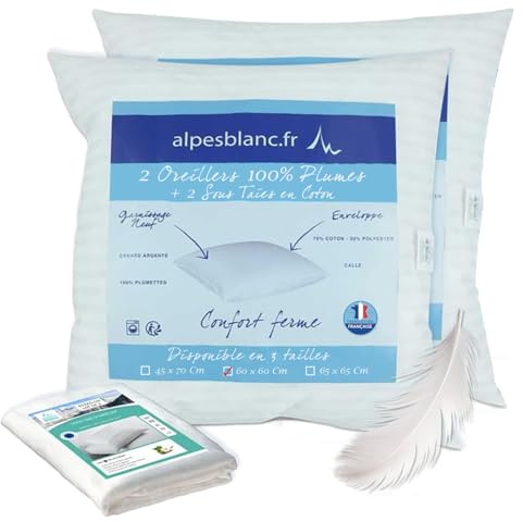 Pack 2 Oreillers en Plumes 60x60 cm + 2 Protège-Oreillers 100% Coton | 100% Plumettes • Accueil moelleux & soutien ferme • Anti-acariens • Gonflant durable • Lavable 40°C • Fabrication française