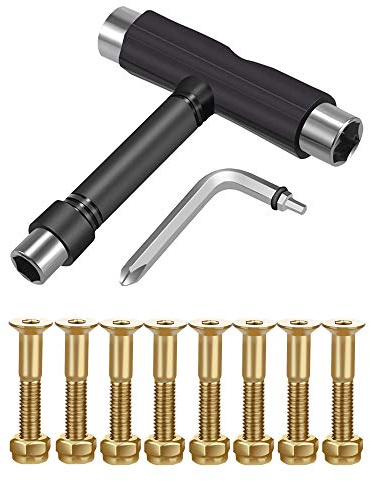 C&Xanadu Skateboard Hardware 8PCS Bolts Set and All-in-One Skate Tools Portable Skateboard T Accessory with Tool L-Type Phillips Head Wrench Screwdriver, Gold