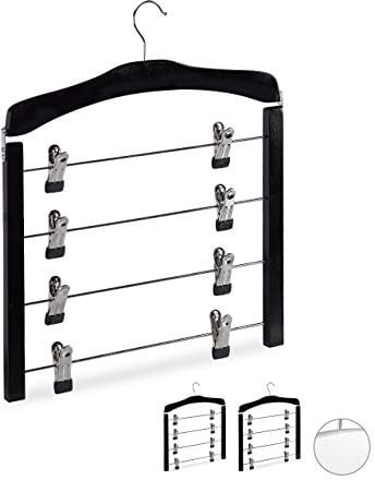 Relaxdays 3 x Rockbügel mehrfach im Set, platzsparend, 360° drehbarer Haken, Clipbügel für Hosen & Röcke, Holz, Bügel, schwarz