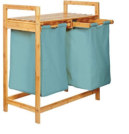 Lumaland Wäschekorb aus Bambus mit 2 ausziehbaren Wäschesäcken | Größe ca. 73 cm Höhe x 64 cm Breite x 33 cm Tiefe, Farbe: Hellblau