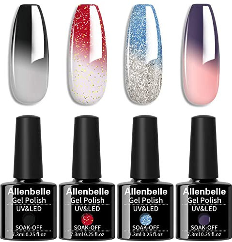Allenbelle UV Nagellack Thermo Set 4 Farben Mit Geschenkbox,Gel Nagellack Farbwechsel Shellac Set Uv Gel Nail Art,Soak Off Uv Thermo Nagellac