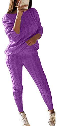 Minetom Tuta da Ginnastica Donna Spalla Fredda Tute Felpa + Pantaloni Set Ragazze Cappotto Pullover Tops Tuta Leggings Training Sportivo Caldo A Maglia Completo Sportswear Fucsia M