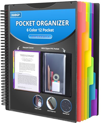 HABGP 12 Pocket Plastic folders with Pockets, 6 Colors Multi Pocket Folder Binder with Dividers, Office Organizer Folder Letter Size School Supplies